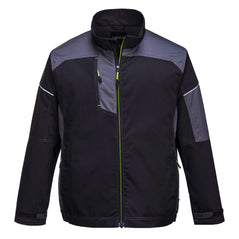 Black Portwest PW3 work jacket. Jacket has a Full zip fasten and zip pockets on the side and chest. jacket has white stitching on the arms and yellow accents on the zips. Jacket also has zoom grey contrast on the shoulders and arms.