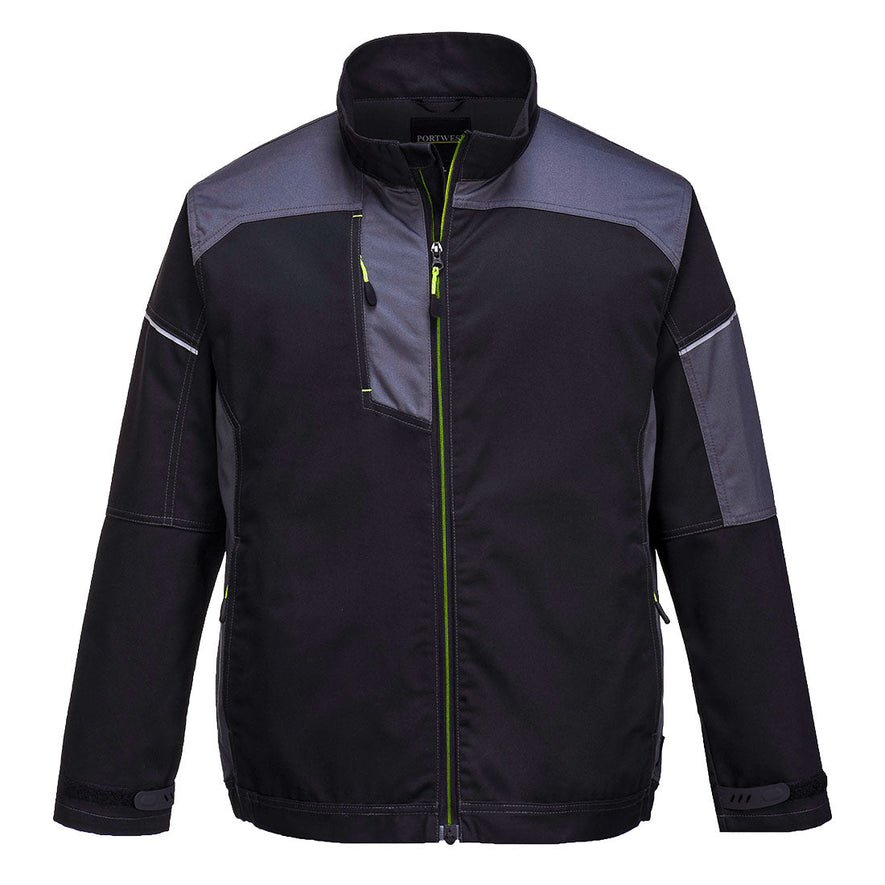 Black Portwest PW3 work jacket. Jacket has a Full zip fasten and zip pockets on the side and chest. jacket has white stitching on the arms and yellow accents on the zips. Jacket also has zoom grey contrast on the shoulders and arms.