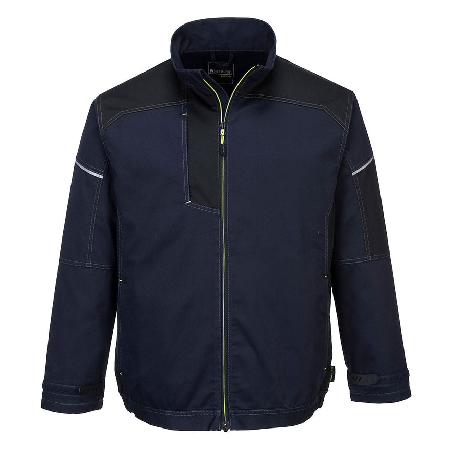 Navy Portwest PW3 work jacket. Jacket has a Full zip fasten and zip pockets on the side and chest. jacket has white stitching on the arms and yellow accents on the zips. Jacket also has black contrast on the shoulders and arms.