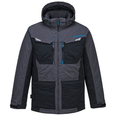 Metal grey Portwest WX3 Winter Jacket. Jacket has a hood, black chest pockets, side pockets and zip fasten. Black contrast on the chest, Lower pockets and along the sides.