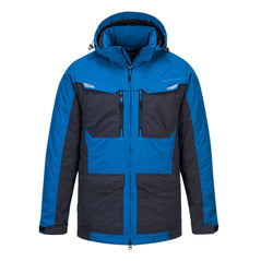 Persian Blue Portwest WX3 Winter Jacket. Jacket has a hood, black chest pockets, side pockets and zip fasten. Black contrast on the chest, Lower pockets and along the sides.
