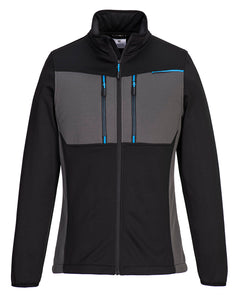 Portwest WX3 Full Zip Tech Fleece in black with collar and grey panels on chest and sides, blue zips on chest and zip pulls and blue piping in corner. 