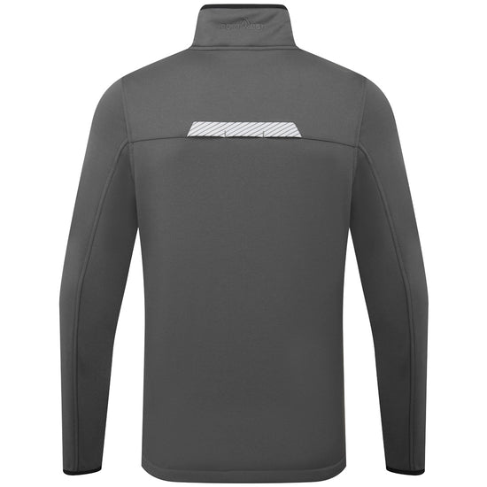 Back of Portwest WX3 Full Zip Tech Fleece in grey with collar and black panels on sides and reflective tape on panel on back.