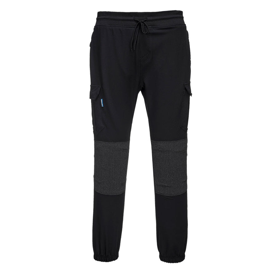 Black KX3 flexi trouser jogging bottoms. Joggers are drawstring tighten with kneepad pockets.