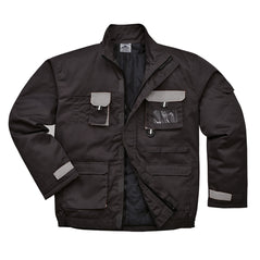 Black portwest Texo lined Contrast Jacket. Jacket has pockets on the front waist, Chest and midrift of the jacket. One phone pocket and one pen pocket with an ID badge holder on the left. Grey contrast on the flaps and sides of the pockets.