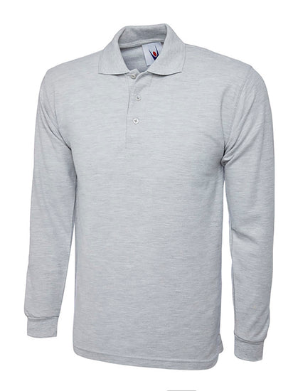 Uneek Clothing UC113 - 220GSM Longsleeve Poloshirt in heather grey with long sleeves, collar and three button plackett.