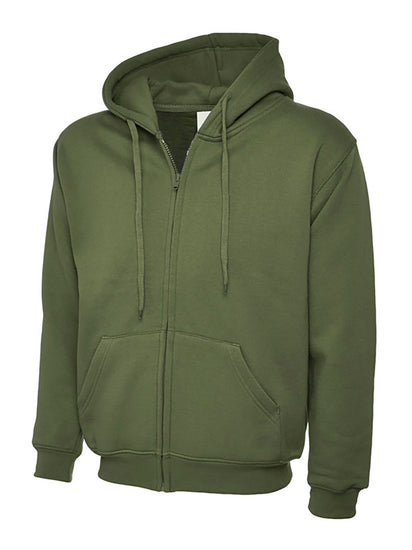 Uneek Clothing UC504 - 300GSM Adults Classic Full Zip Hooded Sweatshirt with hood in olive green with two front pockets, drawstring and full zip fastening.