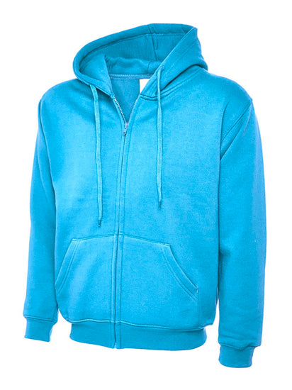 Uneek Clothing UC504 - 300GSM Adults Classic Full Zip Hooded Sweatshirt with hood in sky blue with two front pockets, drawstring and full zip fastening.