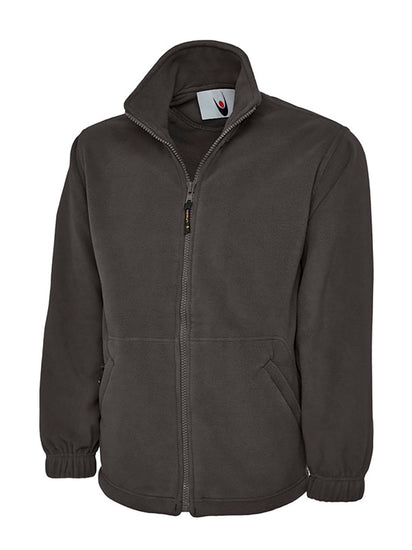 Uneek Clothing UC601 380GSM Premium Full Zip Micro Fleece Jacket in charcoal with full zip fastening and and two zipped lower front pockets.