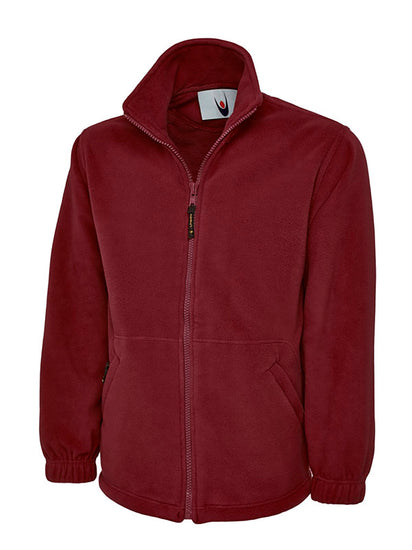 Uneek Clothing UC601 380GSM Premium Full Zip Micro Fleece Jacket in maroon with full zip fastening and and two zipped lower front pockets.