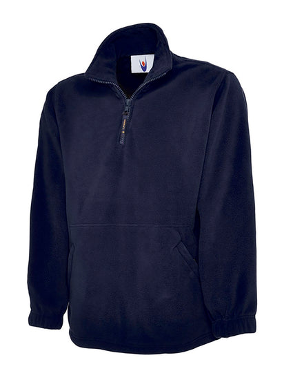 Uneek Clothing UC602 380GSM Premium 1/4 Zip Micro Fleece Jacket in navy with part zip fastening and and two zipped lower front pockets.