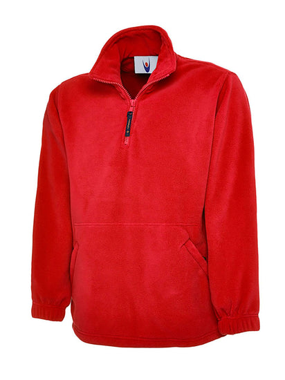 Uneek Clothing UC602 380GSM Premium 1/4 Zip Micro Fleece Jacket in red with part zip fastening and and two zipped lower front pockets.