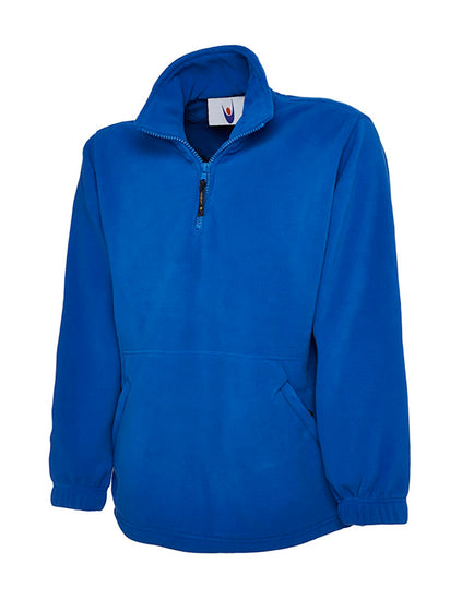 Uneek Clothing UC602 380GSM Premium 1/4 Zip Micro Fleece Jacket in royal blue with part zip fastening and and two zipped lower front pockets.