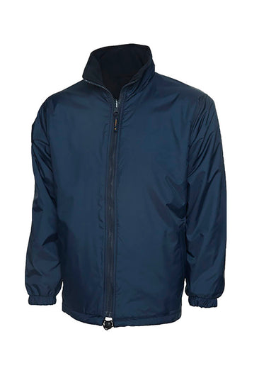 Uneek Clothing UC605 Premium Reversible Fleece Jacket in navy with full zip fastening and and two lower front pockets.