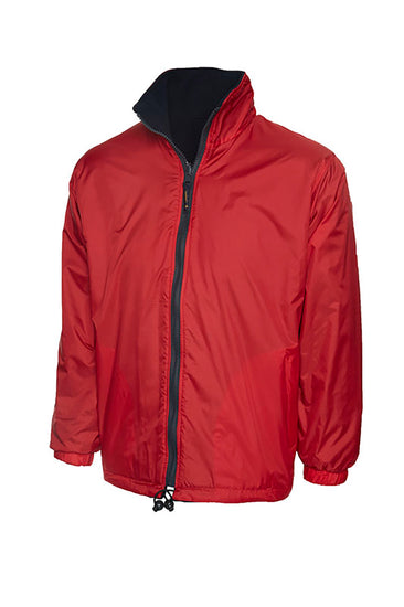 Uneek Clothing UC605 Premium Reversible Fleece Jacket in red with full zip fastening and and two lower front pockets.