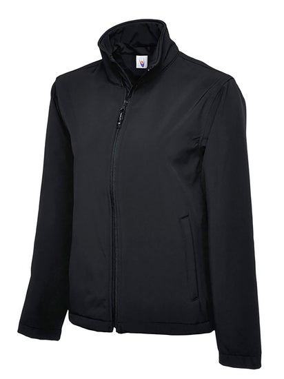 Uneek Clothing UC612 Classic Full Zip Soft Shell Jacket in black with full zip fastening and two lower front pockets.