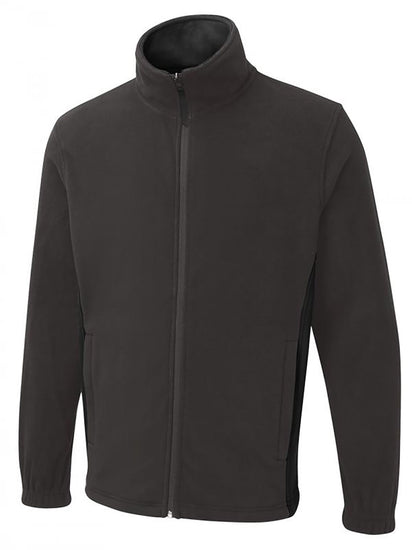 Uneek Clothing UC617 280GSM Two Tone Full Zip Fleece Jacket in charcoal with full zip and black panels on sides and inside of collar.