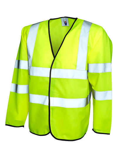 Uneek Clothing UC802 - Long Sleeve Safety Waist Coat in yellow with black piping around edge and two strips of reflective tape across chest and one over each shoulder and two strips on each arm, velcro fastening.