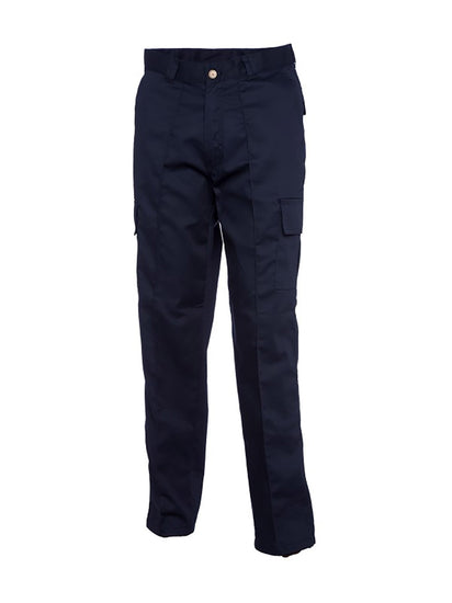 Uneek Clothing UC902 Cargo Trouser in navy with sewn in crease down front of leg, belt loops, button and zip fastening at waist, two side pockets and two pockets on side of legs with flaps.