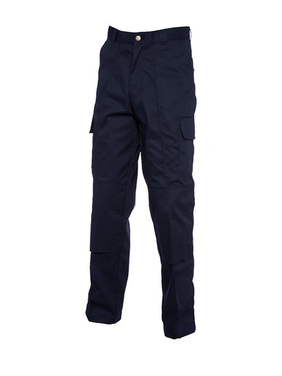 Uneek Clothing UC904 Cargo Trouser Knee Pads in navy with belt loops, button and zip fastening at waist, two side pockets and two pockets on side of legs with flaps. Knee pad patches on both knees.