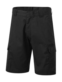 Uneek Clothing UC907 Men's Cargo Shorts in black with belt loops, button and zip fastening at waist, two side pockets and two pockets on side of legs with flaps.