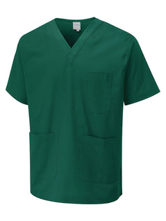Uneek Clothing Scrub Tunic in bottle green with v neck, short sleeves, left chest pocket and two lower front pockets.