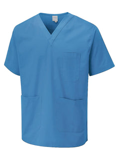 Uneek Clothing Scrub Tunic in hospital blue with v neck, short sleeves, left chest pocket and two lower front pockets.