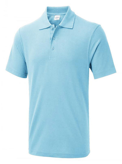Uneek Clothing UX1 The UX Polo in sky blue with short sleeves, collar and three button plackett.