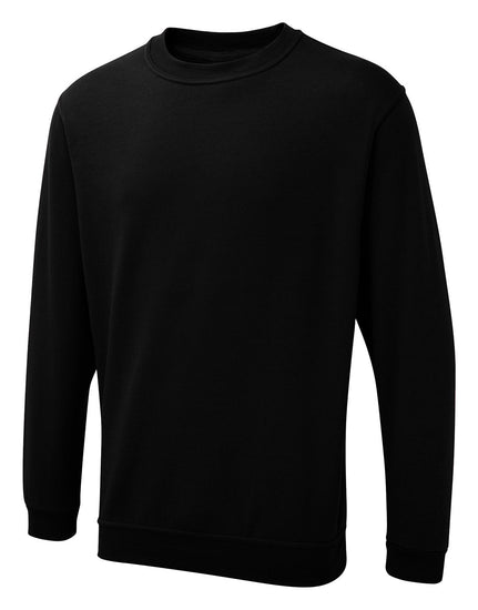 Uneek Clothing UX3 The UX Sweatshirt in black with long sleeves, crew neck and elasticated wrists and bottom.