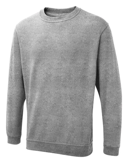 Uneek Clothing UX3 The UX Sweatshirt in heather grey with long sleeves, crew neck and elasticated wrists and bottom.
