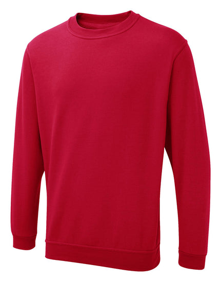 Uneek Clothing UX3 The UX Sweatshirt in red with long sleeves, crew neck and elasticated wrists and bottom.