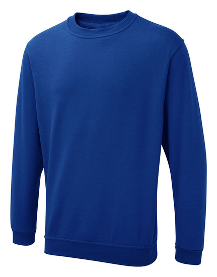 Uneek Clothing UX3 The UX Sweatshirt in royal blue with long sleeves, crew neck and elasticated wrists and bottom.