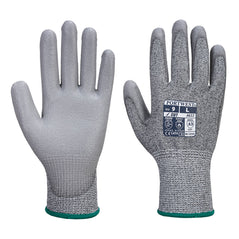 Grey ESD Antistatic MR cut resistant glove with grey PU palm coating. Glove has green elasticated wrist.