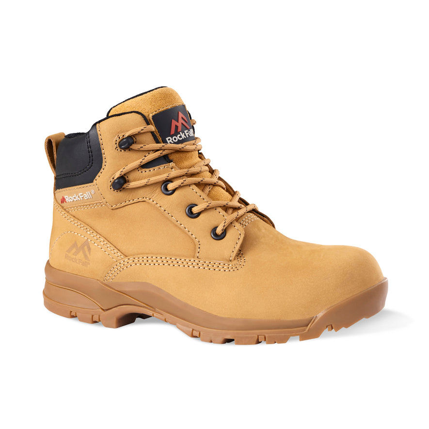 Honey women's safety boot with laces, sole, black panel on ankle support and stitching pattern on top and side. Rock Fall branding on tongue and side.