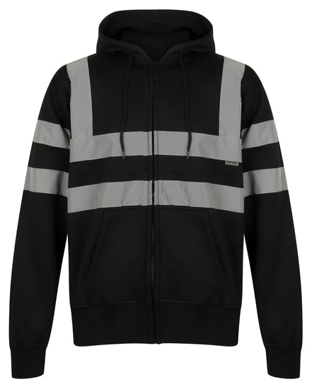 Black Hi vis hooded sweatshirt. Sweatshirts have side pockets, two hi vis waist bands and hi vis shoulder bands. Sweatshirts are zip fasten.
