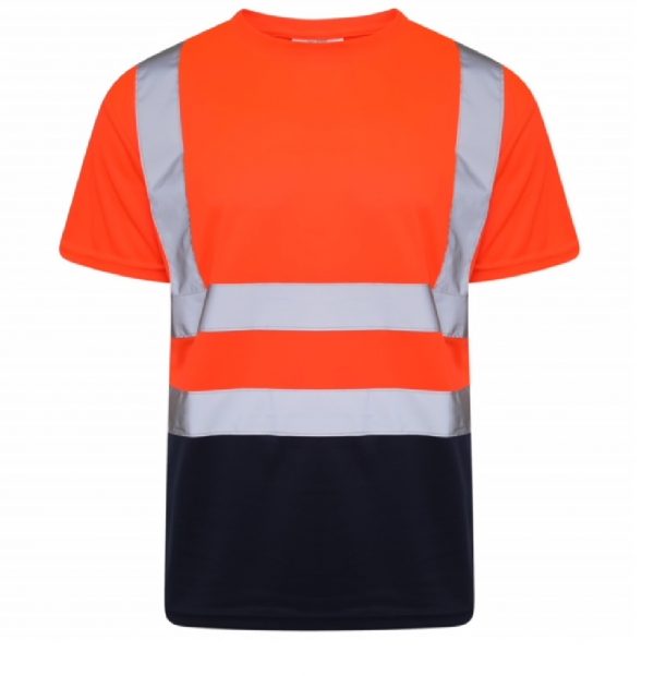 Orange Hi vis crew neck short sleeve two tone t-shirt with navy accents at the bottom of the shirt. T-Shirts have two hi vis waist bands and hi vis shoulder bands.