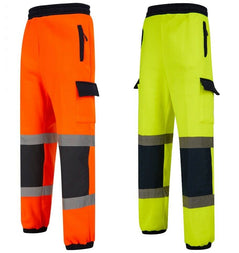 Orange and Yellow Hi vis Jogging bottoms with navy accents on the kneepad area, waistband, pocket closure and ankle band. Joggers have two hi vis bands, cargo pockets and drawcords for tightening.