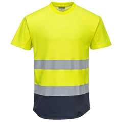 Portwest Hi Vis Two tone yellow and navy mesh T-shirt. T-shirt has navy contrast on the bottom of the shirt. Shirt has hi vis bands across the waist.